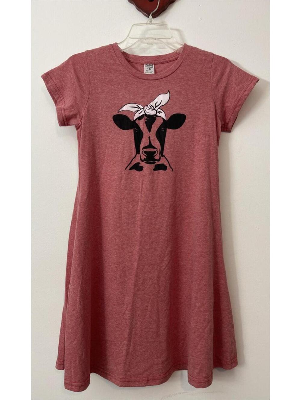 Urban Smalls Girls 14 Red Cow-Print Pullover Knee-Length Tshirt Dress! A2275